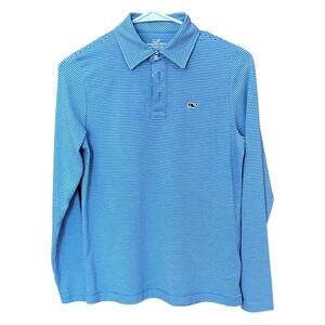 Vineyard Vines Youth M Sankaty Performance Long Sleeve Polo Aqua Bradley Stripe